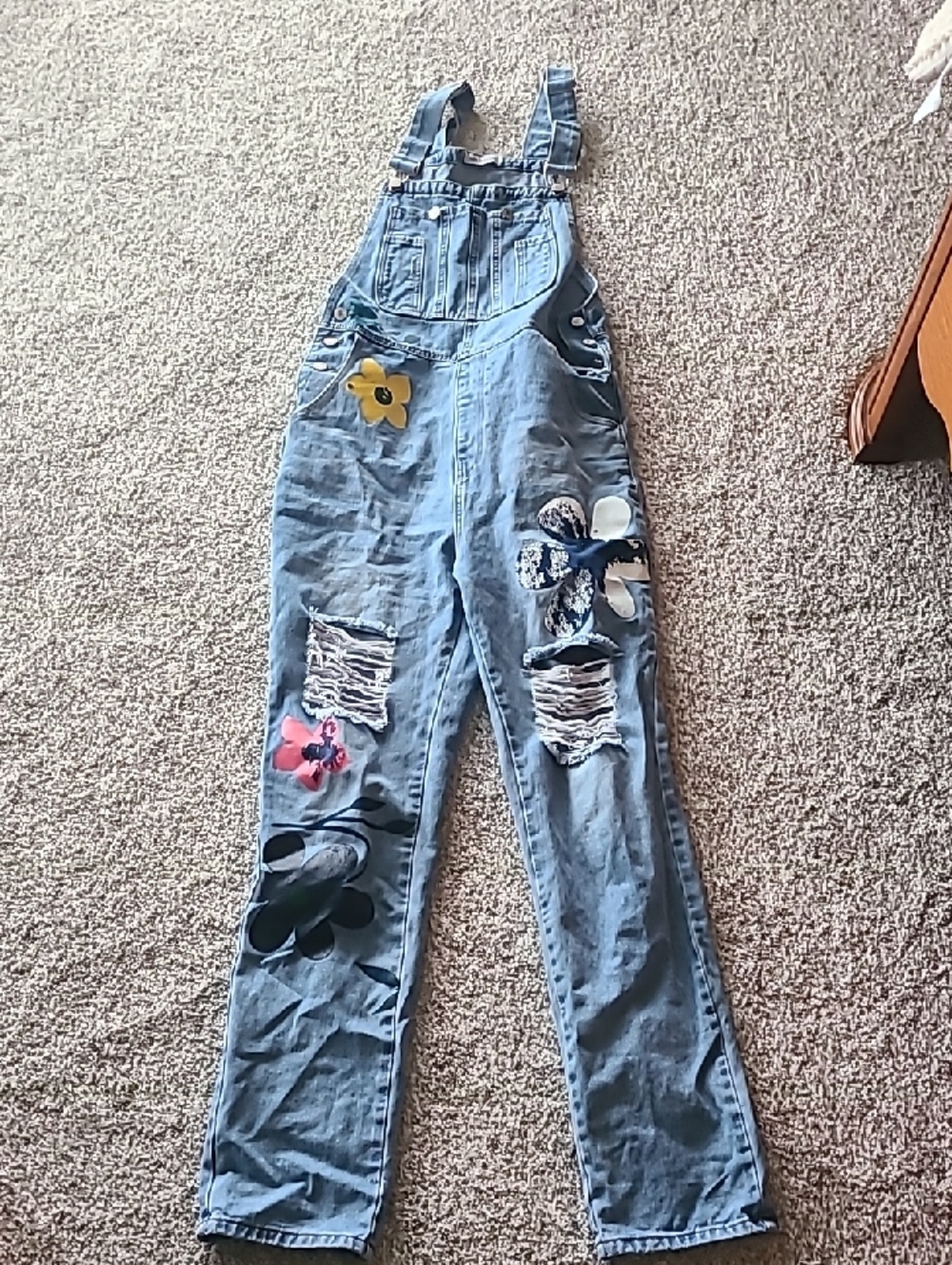 Denim Floral Patch Distressed Overalls - Light Blue